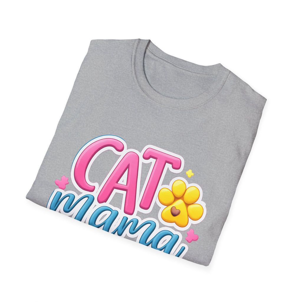 Cat Mama T-Shirt — Cute Pink & Blue Cat Mom Tee with Paw Flower