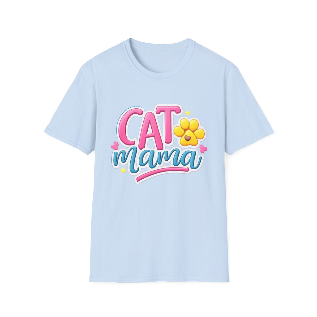 Cat Mama T-Shirt — Cute Pink & Blue Cat Mom Tee with Paw Flower