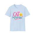 Cat Mama T-Shirt — Cute Pink & Blue Cat Mom Tee with Paw Flower
