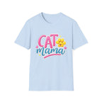 Cat Mama T-Shirt — Cute Pink & Blue Cat Mom Tee with Paw Flower