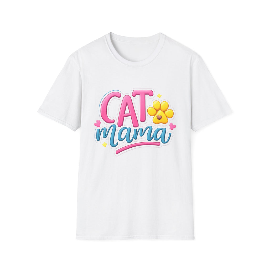 Cat Mama T-Shirt — Cute Pink & Blue Cat Mom Tee with Paw Flower