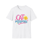 Cat Mama T-Shirt — Cute Pink & Blue Cat Mom Tee with Paw Flower