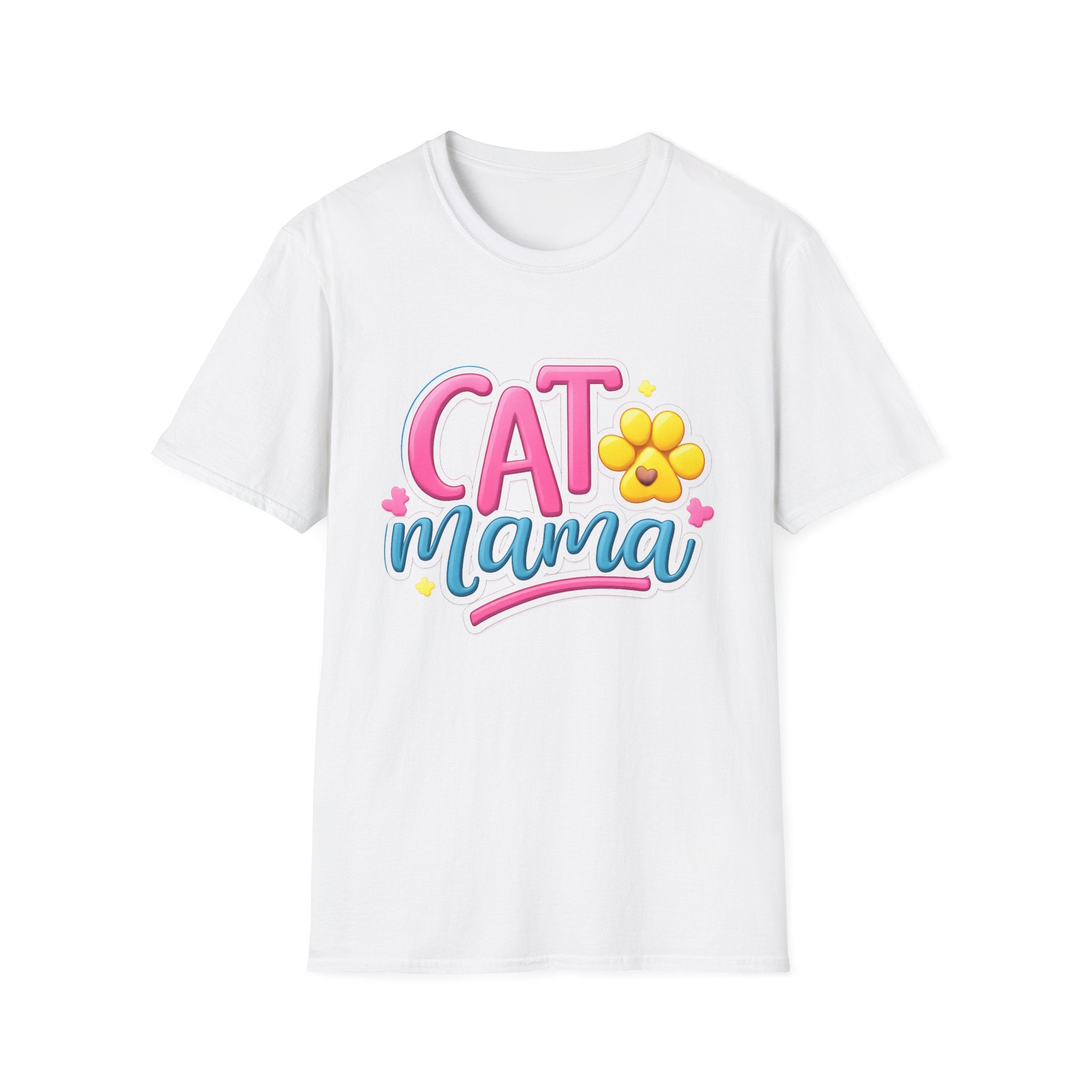 Cat Mama T-Shirt — Cute Pink & Blue Cat Mom Tee with Paw Flower