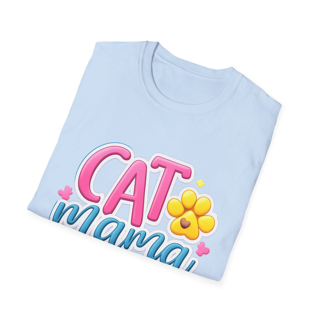 Cat Mama T-Shirt — Cute Pink & Blue Cat Mom Tee with Paw Flower