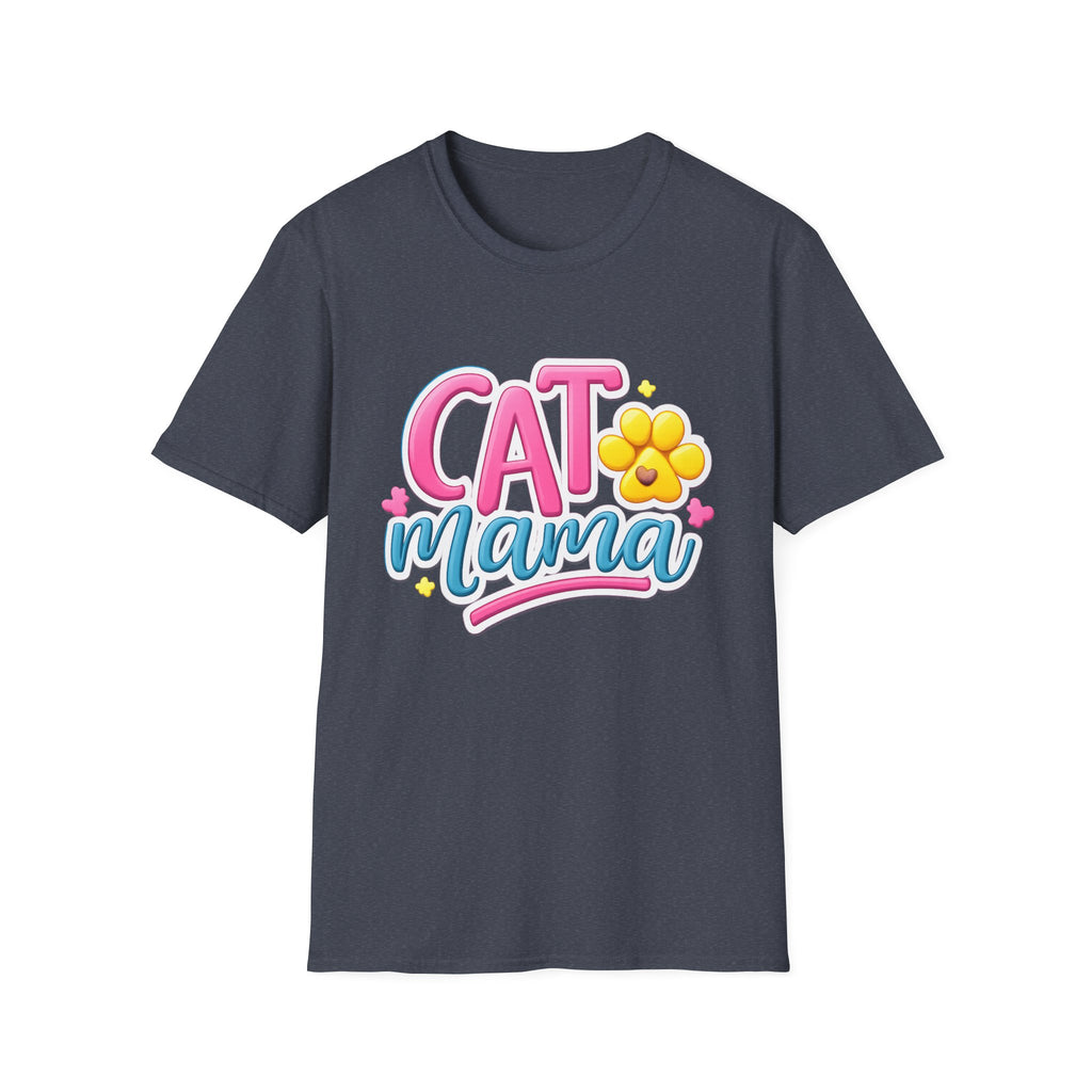 Cat Mama T-Shirt — Cute Pink & Blue Cat Mom Tee with Paw Flower