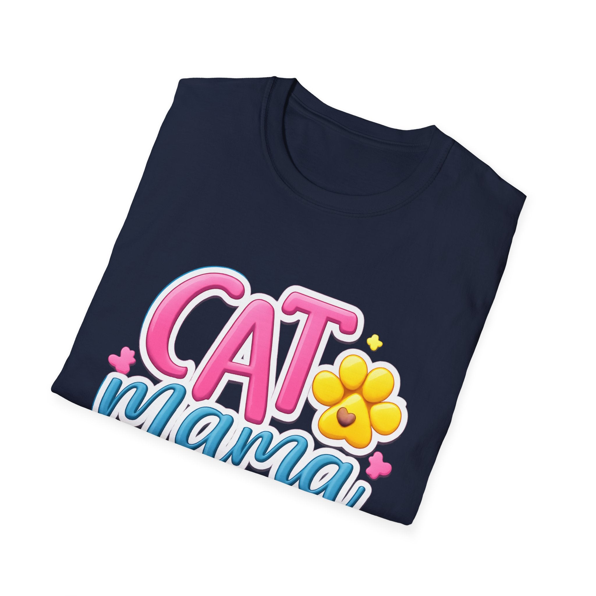 Cat Mama T-Shirt — Cute Pink & Blue Cat Mom Tee with Paw Flower