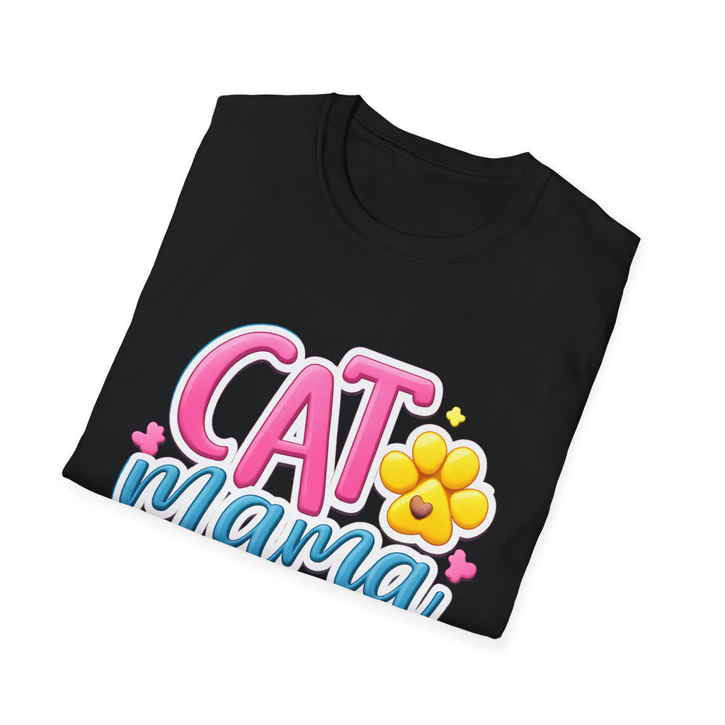 Cat Mama T-Shirt — Cute Pink & Blue Cat Mom Tee with Paw Flower