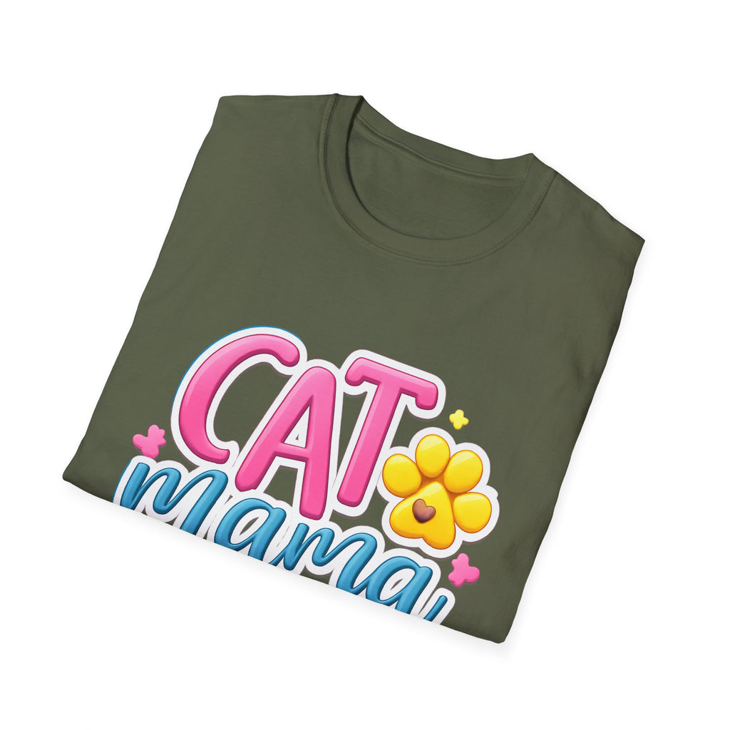 Cat Mama T-Shirt — Cute Pink & Blue Cat Mom Tee with Paw Flower