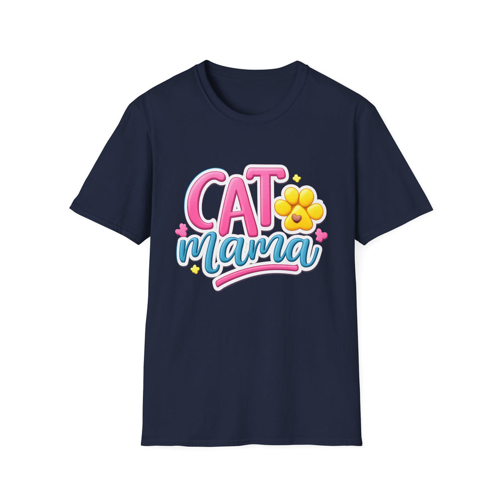 Cat Mama T-Shirt — Cute Pink & Blue Cat Mom Tee with Paw Flower