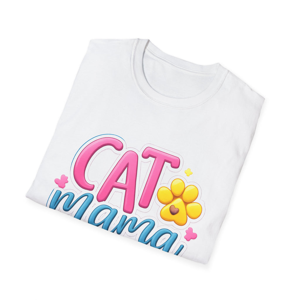 Cat Mama T-Shirt — Cute Pink & Blue Cat Mom Tee with Paw Flower