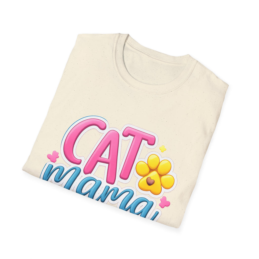 Cat Mama T-Shirt — Cute Pink & Blue Cat Mom Tee with Paw Flower