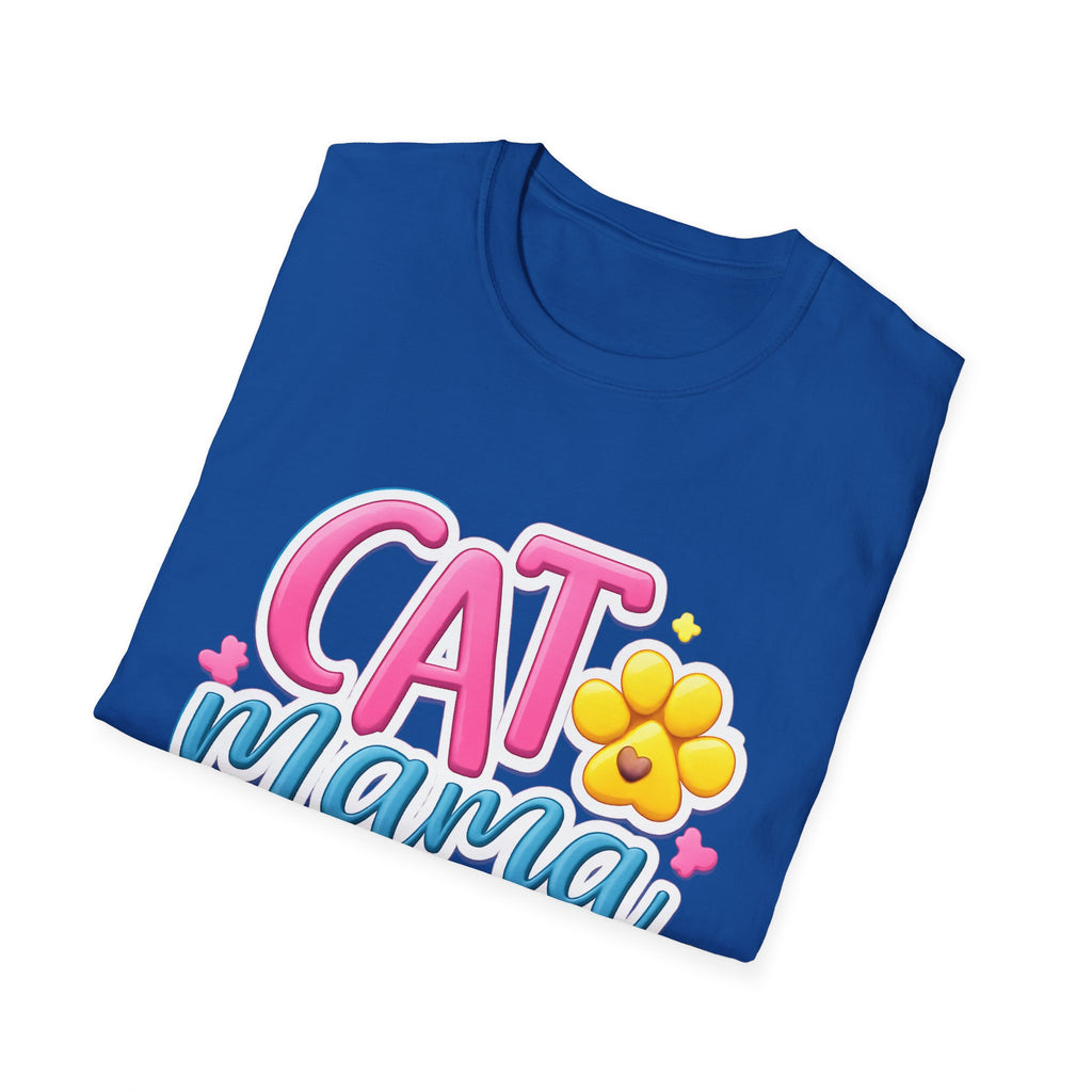 Cat Mama T-Shirt — Cute Pink & Blue Cat Mom Tee with Paw Flower