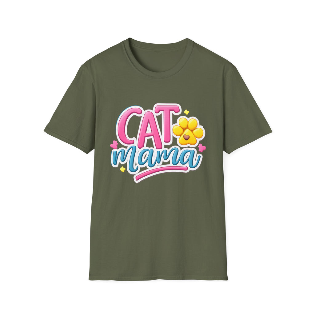 Cat Mama T-Shirt — Cute Pink & Blue Cat Mom Tee with Paw Flower